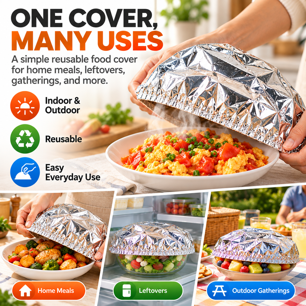 Reusable Aluminum Foil Food Cover – Heat-Retaining Dish Cover with Stretch-Fit Elastic Edge for Plates & Bowls