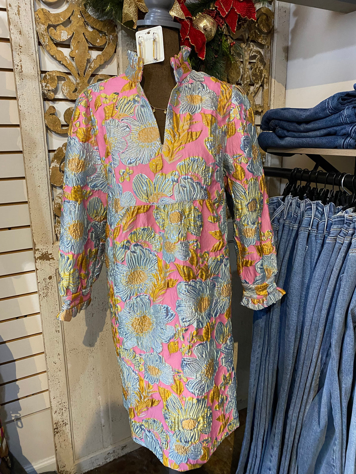 Brocade ruffle trim dress