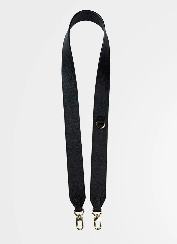 Black strap with metal hooks on a light gray background