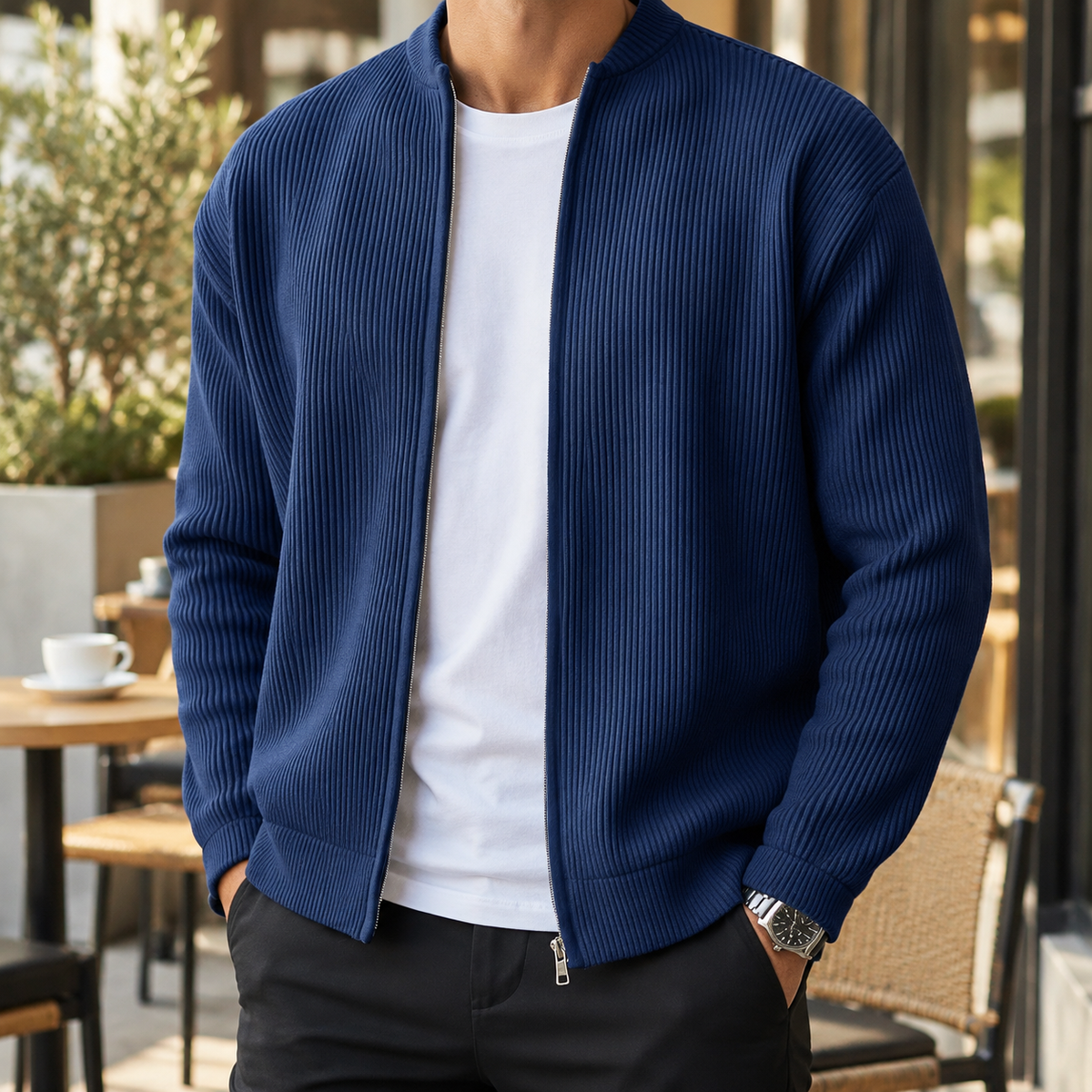 Men’s Ribbed Knit Zip-Up Cardigan – Casual Stand Collar Sweater Jacket