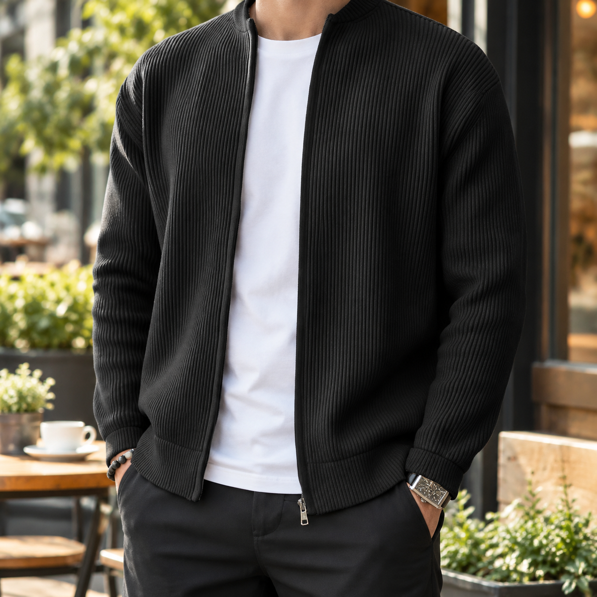 Men’s Ribbed Knit Zip-Up Cardigan – Casual Stand Collar Sweater Jacket