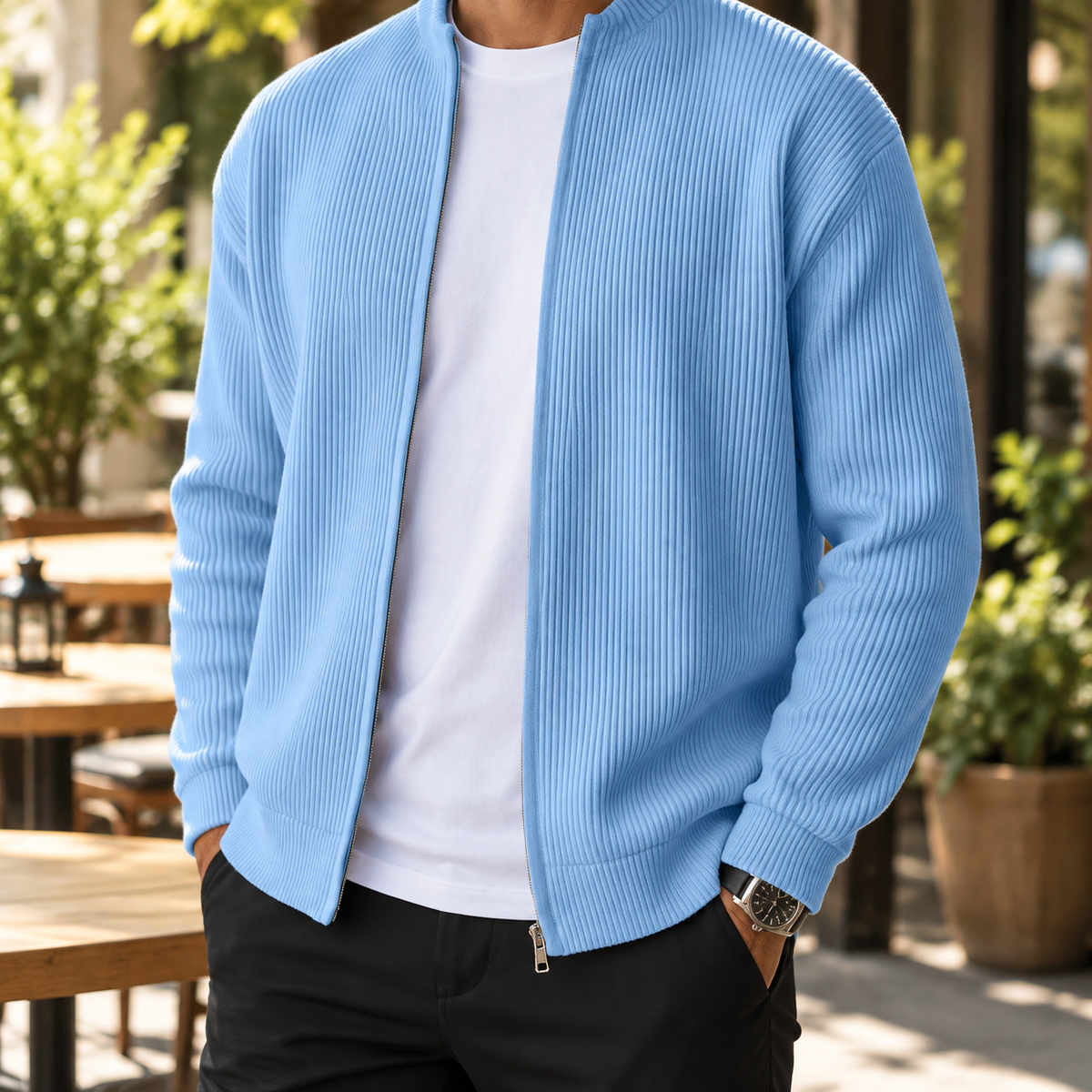 Men’s Ribbed Knit Zip-Up Cardigan – Casual Stand Collar Sweater Jacket