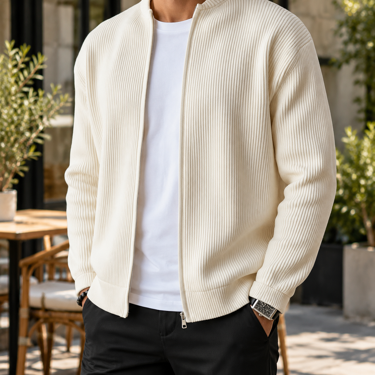 Men’s Ribbed Knit Zip-Up Cardigan – Casual Stand Collar Sweater Jacket
