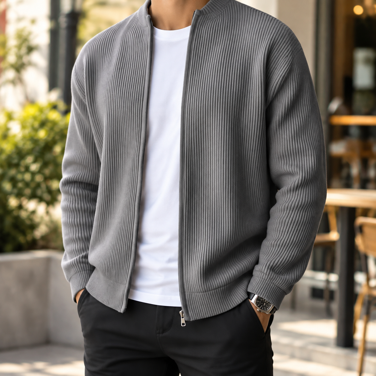 Men’s Ribbed Knit Zip-Up Cardigan – Casual Stand Collar Sweater Jacket