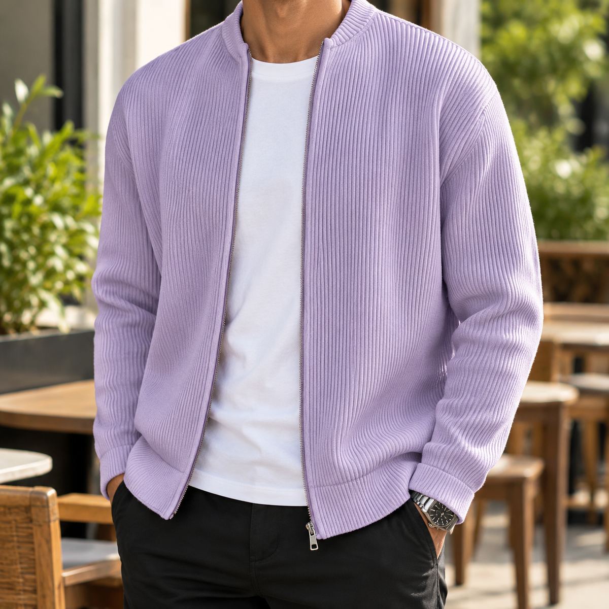 Men’s Ribbed Knit Zip-Up Cardigan – Casual Stand Collar Sweater Jacket
