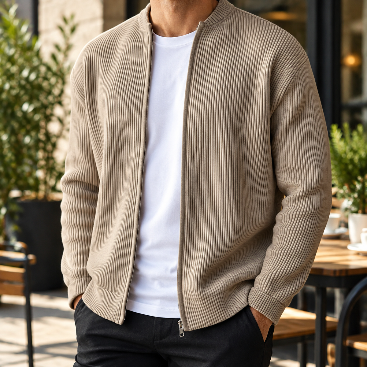 Men’s Ribbed Knit Zip-Up Cardigan – Casual Stand Collar Sweater Jacket