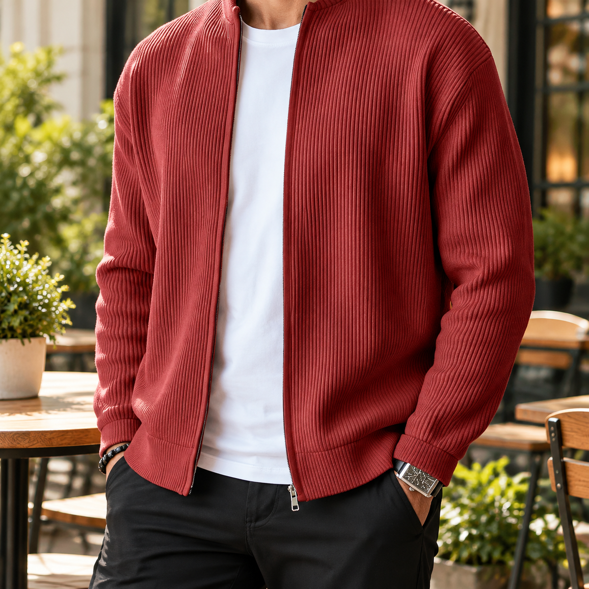 Men’s Ribbed Knit Zip-Up Cardigan – Casual Stand Collar Sweater Jacket