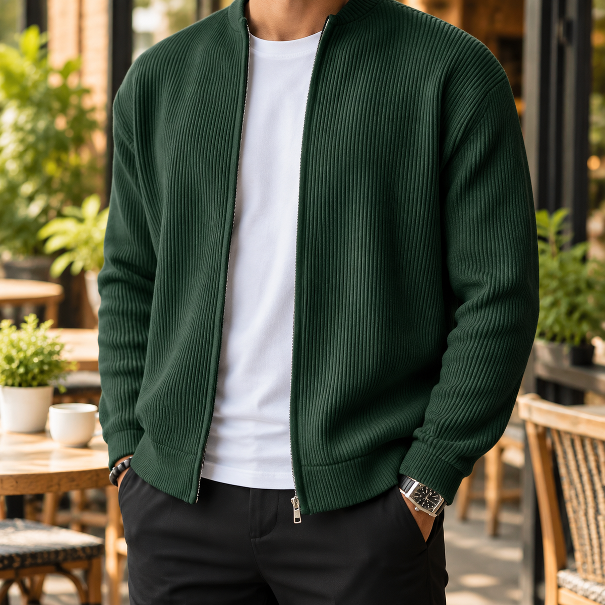 Men’s Ribbed Knit Zip-Up Cardigan – Casual Stand Collar Sweater Jacket