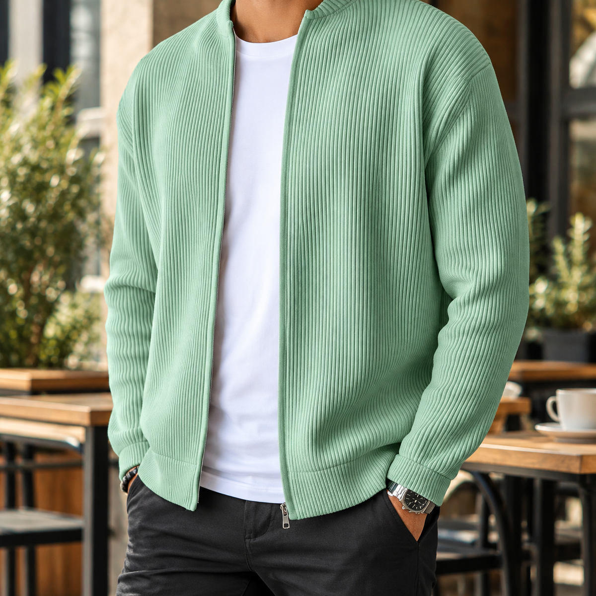 Men’s Ribbed Knit Zip-Up Cardigan – Casual Stand Collar Sweater Jacket