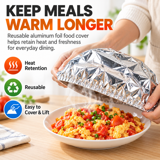 Reusable Aluminum Foil Food Cover – Heat-Retaining Dish Cover with Stretch-Fit Elastic Edge for Plates & Bowls