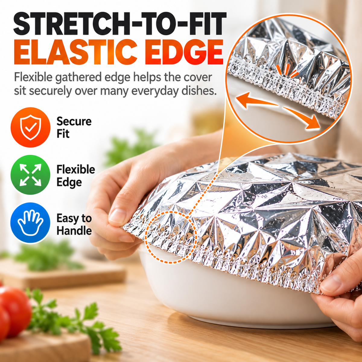 Reusable Aluminum Foil Food Cover – Heat-Retaining Dish Cover with Stretch-Fit Elastic Edge for Plates & Bowls