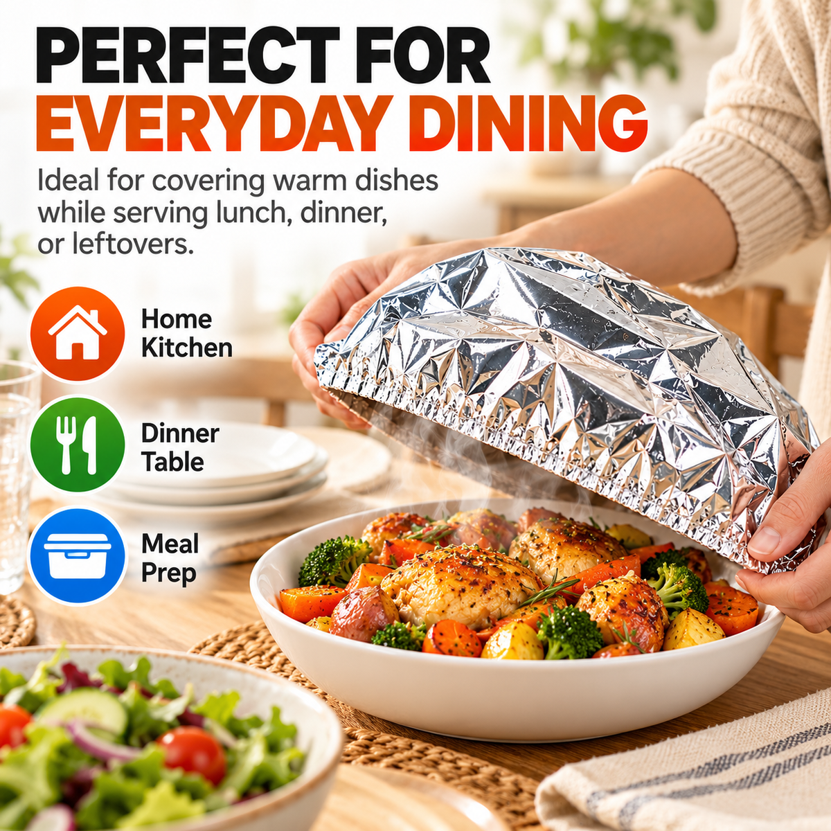 Reusable Aluminum Foil Food Cover – Heat-Retaining Dish Cover with Stretch-Fit Elastic Edge for Plates & Bowls