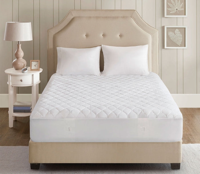 Heated Microfiber Mattress Pad with 3M Scotchgard by Beautyrest in bedroom, front facing