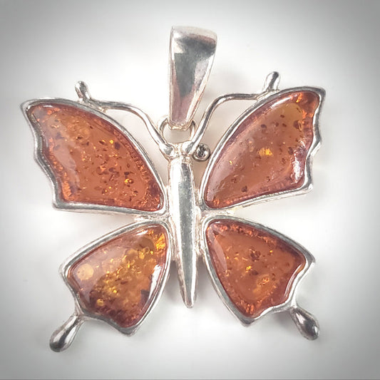 Butterfly Cognac Amber & Sterling Silver Pendant BuyRussianGifts Store
