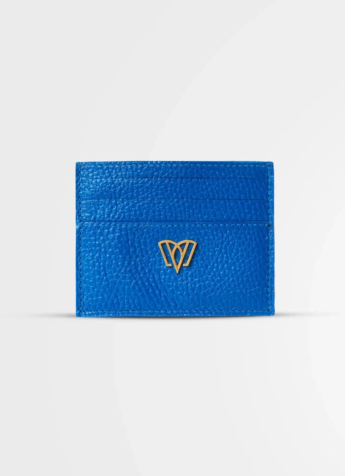 Blue textured cardholder with a gold logo on a white background