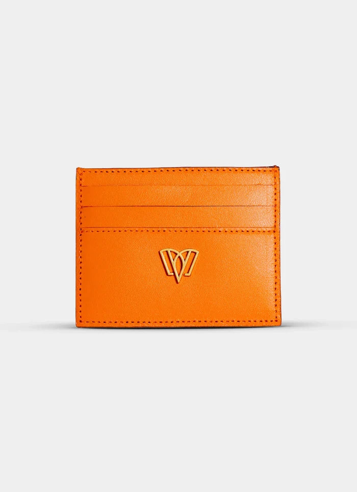 Orange leather cardholder with a logo on a white background