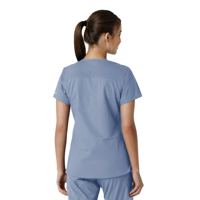 Force Essentials Women's V-Neck Knit Panel Scrub Top Ceil Blue back view