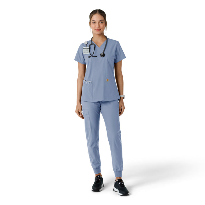 Force Essentials Women's V-Neck Knit Panel Scrub Top Ceil Blue full scrub set