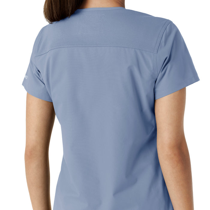 Force Essentials Women's V-Neck Knit Panel Scrub Top Ceil Blue hemline detail