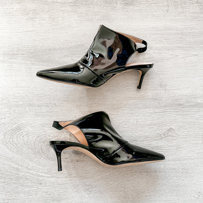 Christopher Kane Black Patent Leather Slingback Pointed Toe Mules - House Of Huntington