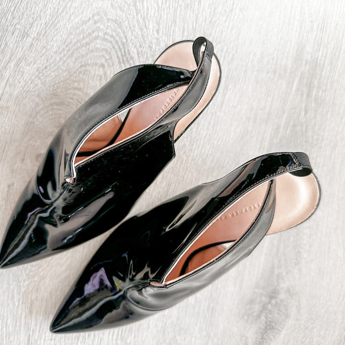 Christopher Kane Black Patent Leather Slingback Pointed Toe Mules - House Of Huntington