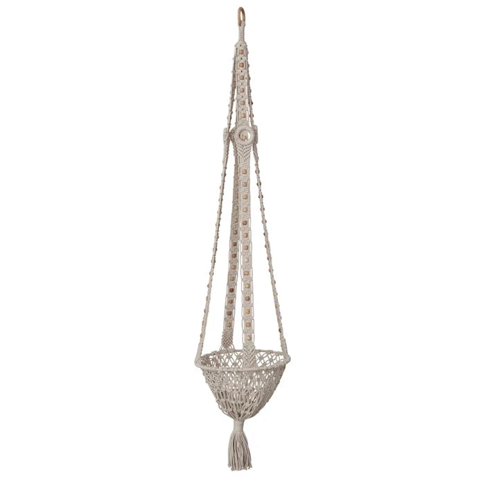 Cotton Macrame Plant Hanger with Wood Beads & Tassel