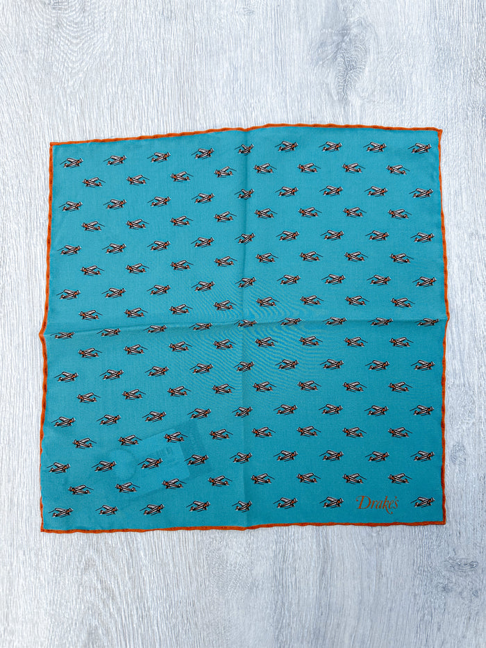 Drake's Turquoise Orange Airplane Pocket Square - House Of Huntington
