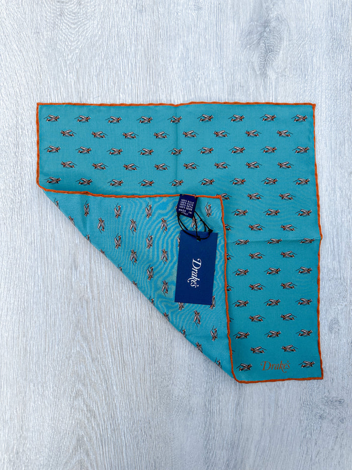 Drake's Turquoise Orange Airplane Pocket Square - House Of Huntington