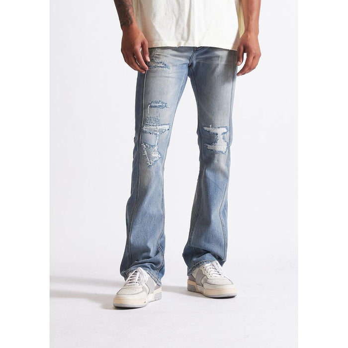 Embellish Chip Light Blue Denim Jeans with Distressed Detailing and Frayed Hem
