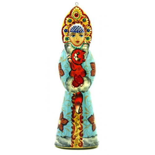 Girl and Orange Cat Russian Hand Carved Painted Christmas Ornament