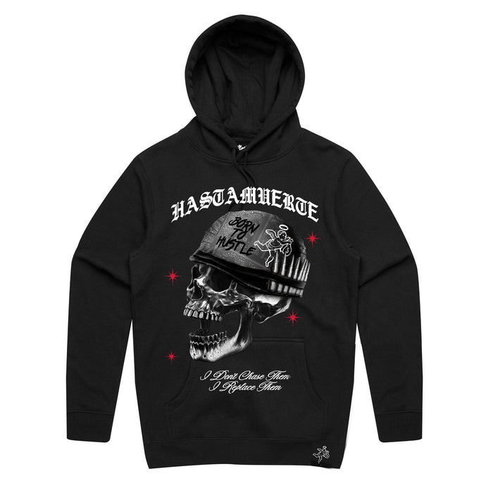 Black heavyweight hoodie with 'War' design from Hasta Muerte, perfect for casual wear or workouts
