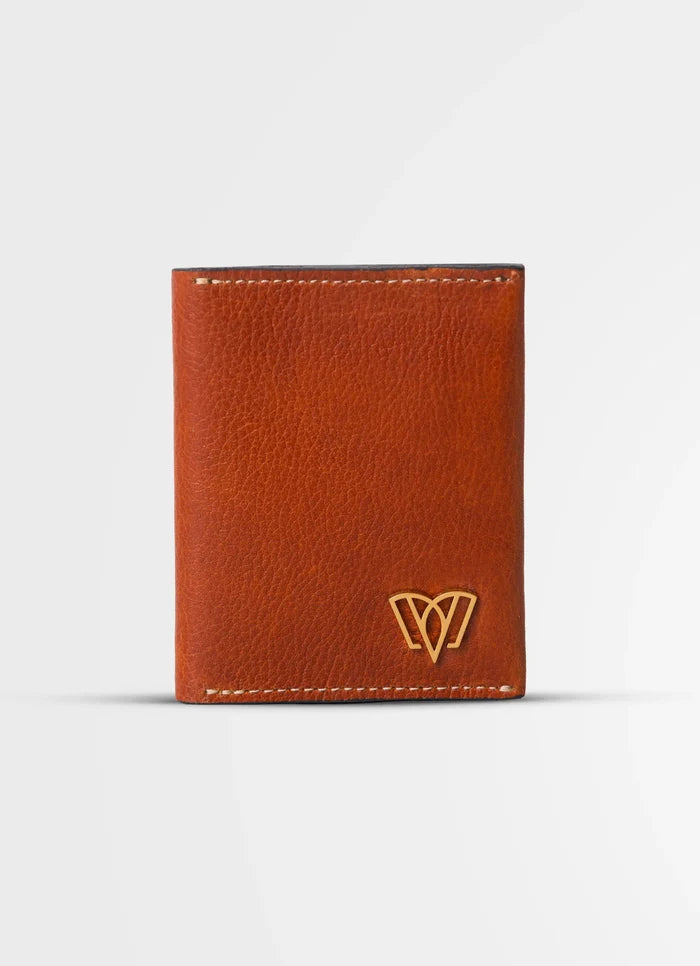 Brown leather wallet with a gold logo on a light gray background