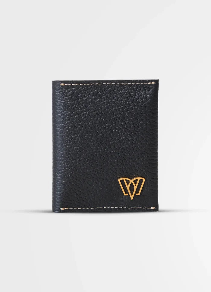 Black leather wallet with a gold logo on a light gray background