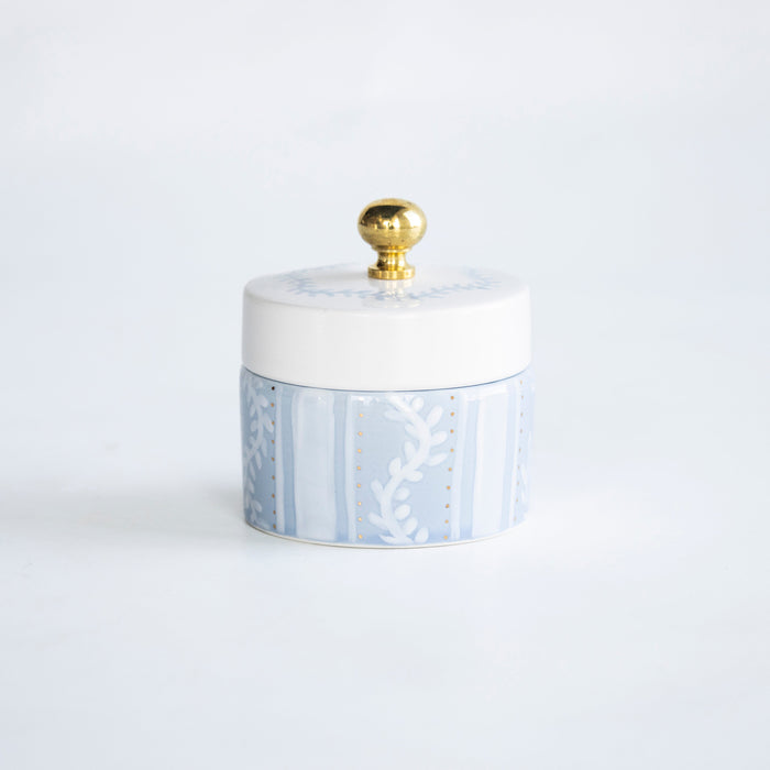 Laurel Wreath Petite Trouvé Trinket Box — Laurel Wreath Petite Trouvé box with lid and brass knob; Susan Gordon Pottery