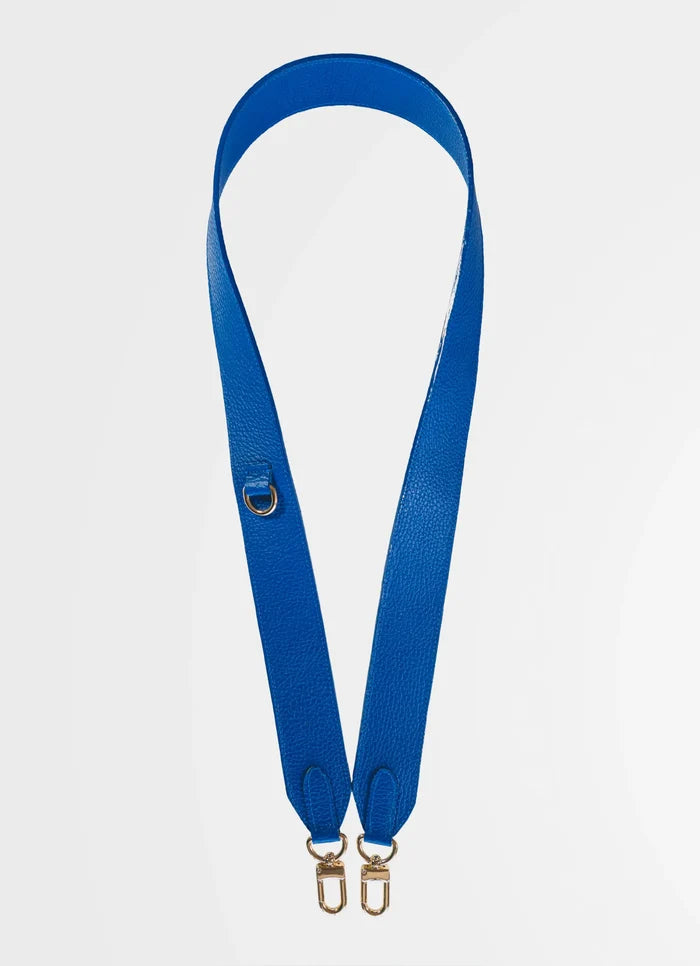 Blue strap with gold hardware on a white background