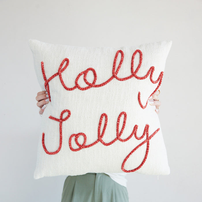 Square Cotton Pillow with Embroidered "Holly Jolly"