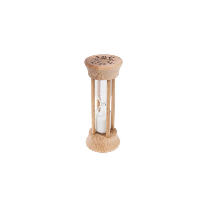 Wooden tea timer with sand on white background
