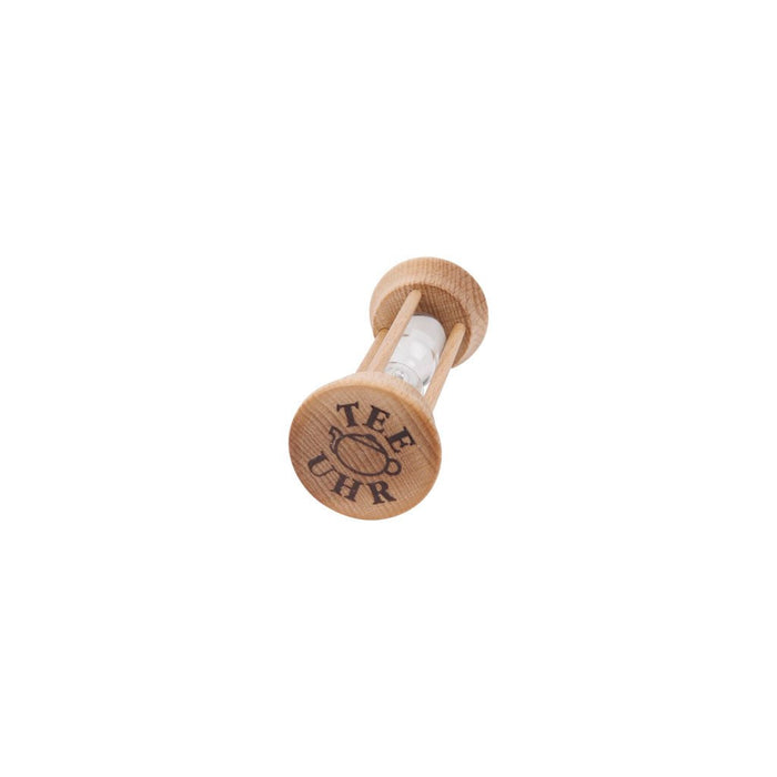 Wooden tea timer with "TEE UHR" text on bottom on white background