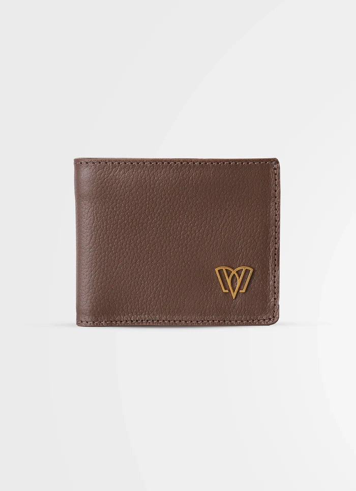 Brown leather wallet with a logo on a light gray background