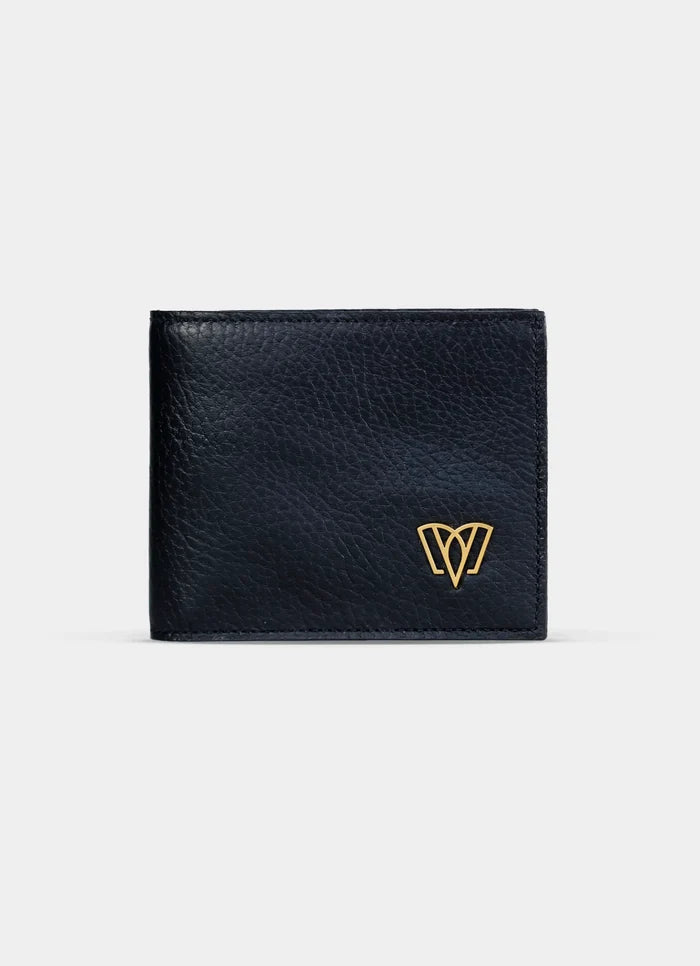 Black leather wallet with a gold logo on a white background